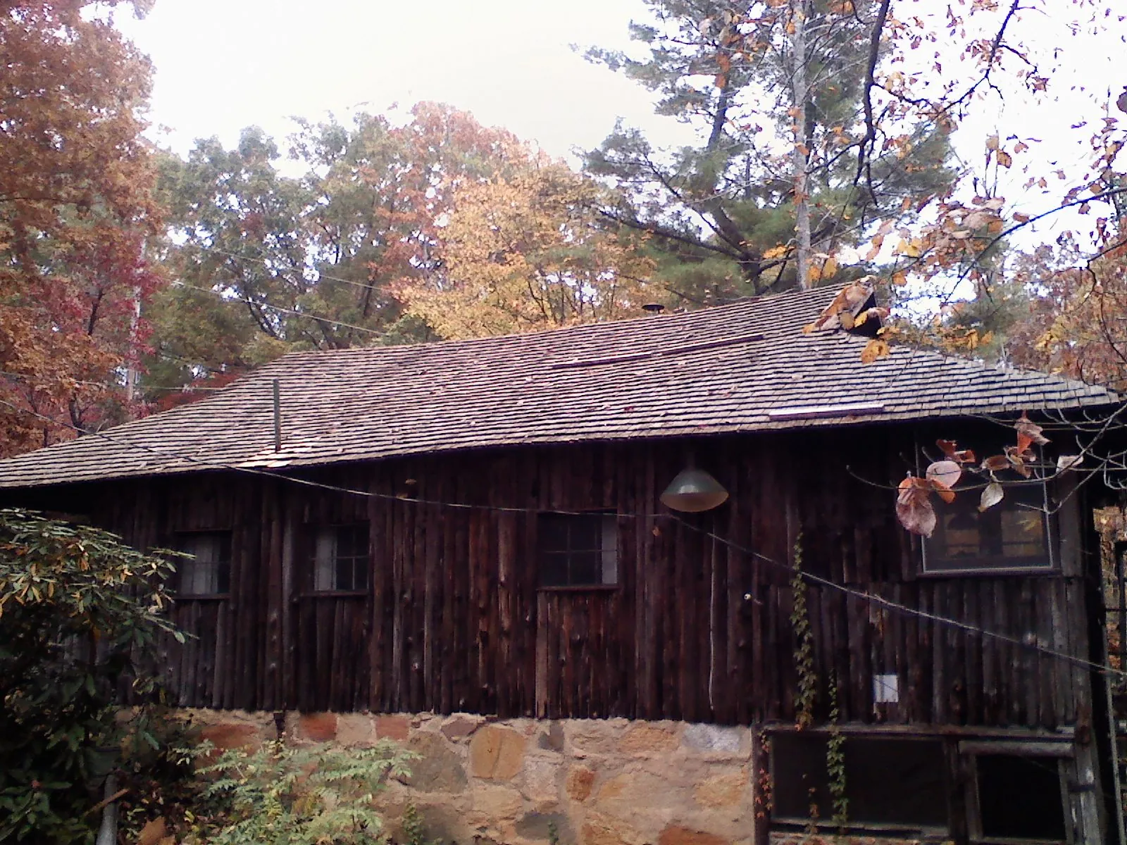 Weathered wood shake roof on a rustic board sided cabin in Peshtigo
